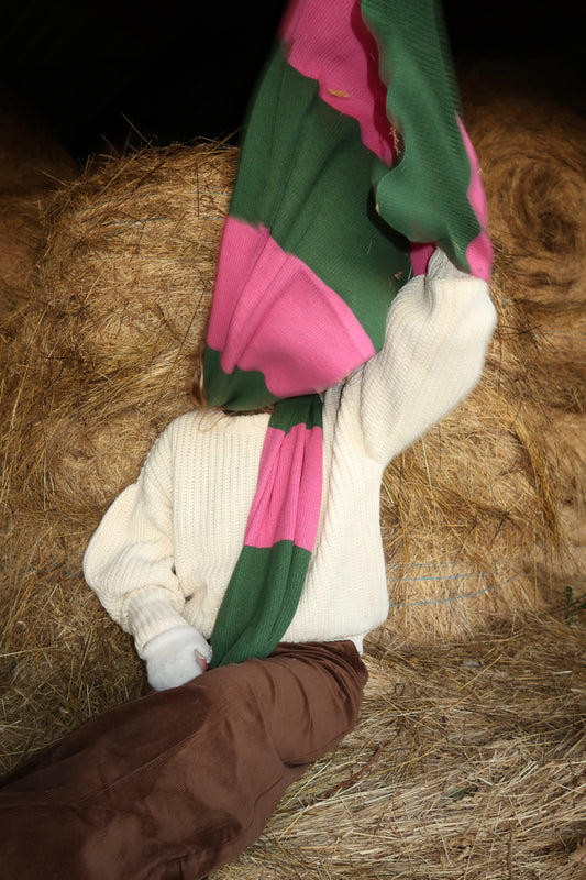 Echarpe rayée kaki & rose